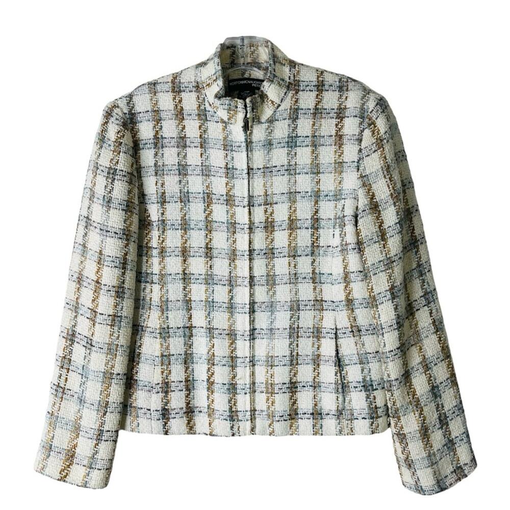 Vintage cream blue brown tweed plaid zip preppy office blazer 10P